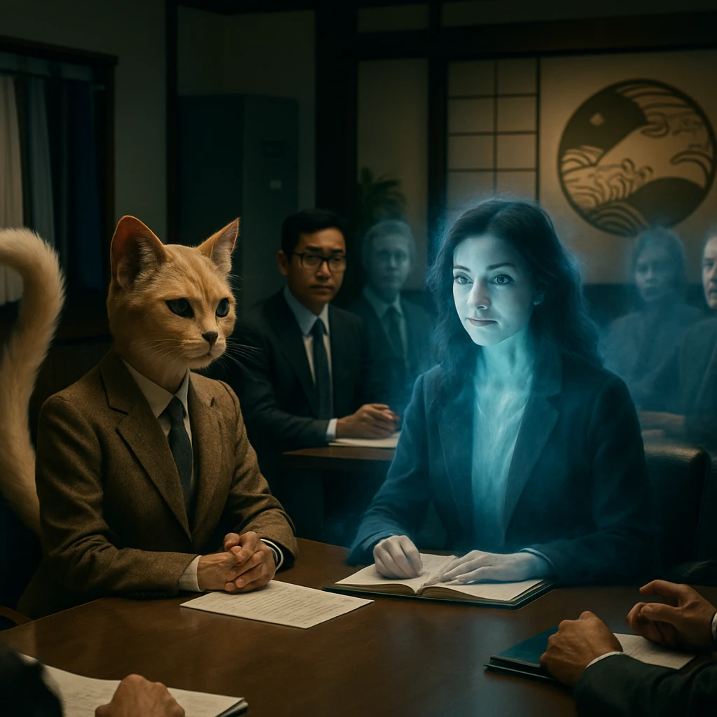 会議室でダブルしっぽのねこまた女性と半人半霊の女性リーダーが多様な社員と話し合うシーン。