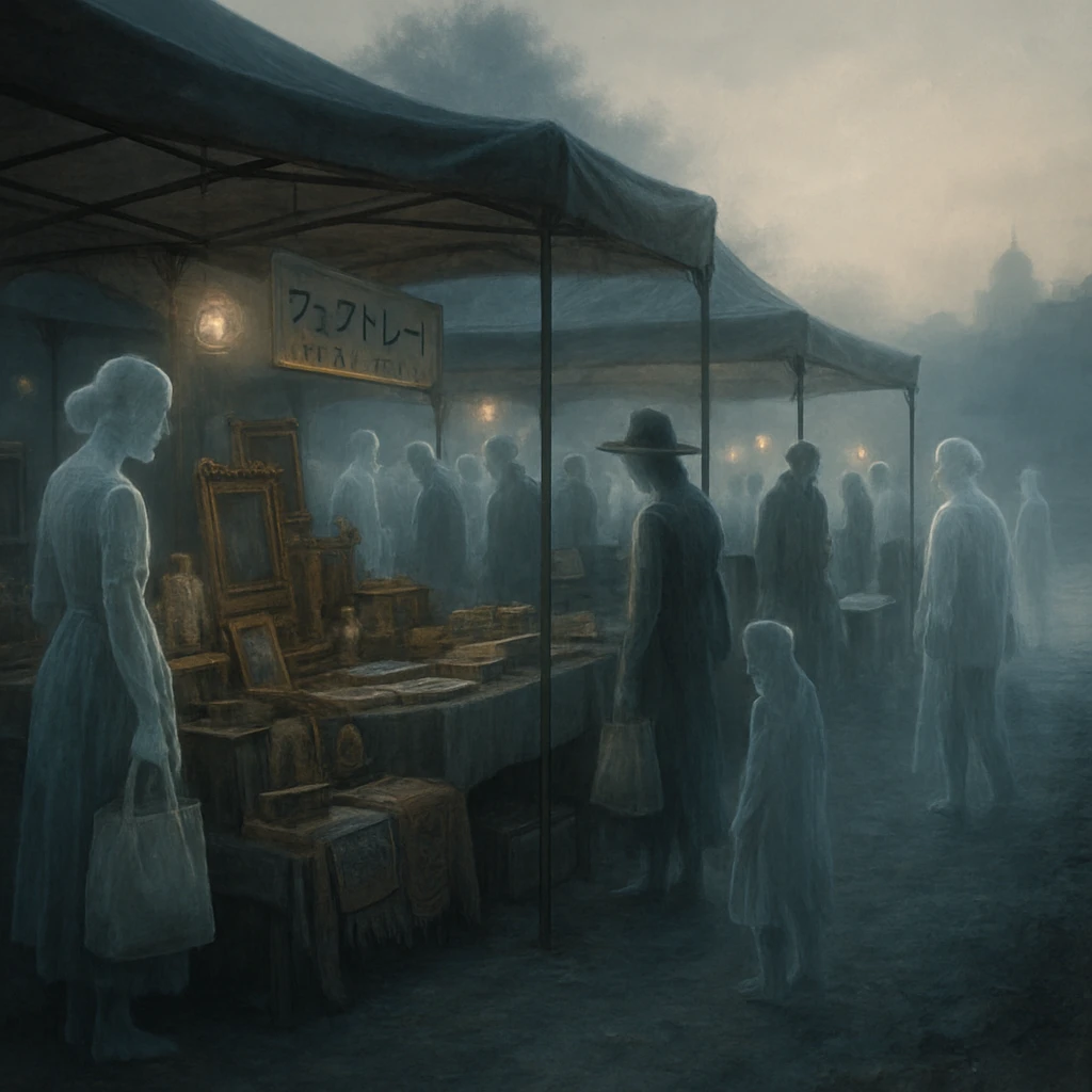 霧に包まれた川沿いの朝市で、エコバッグを持つ幽霊たちがアップサイクル品の屋台を見ている様子。