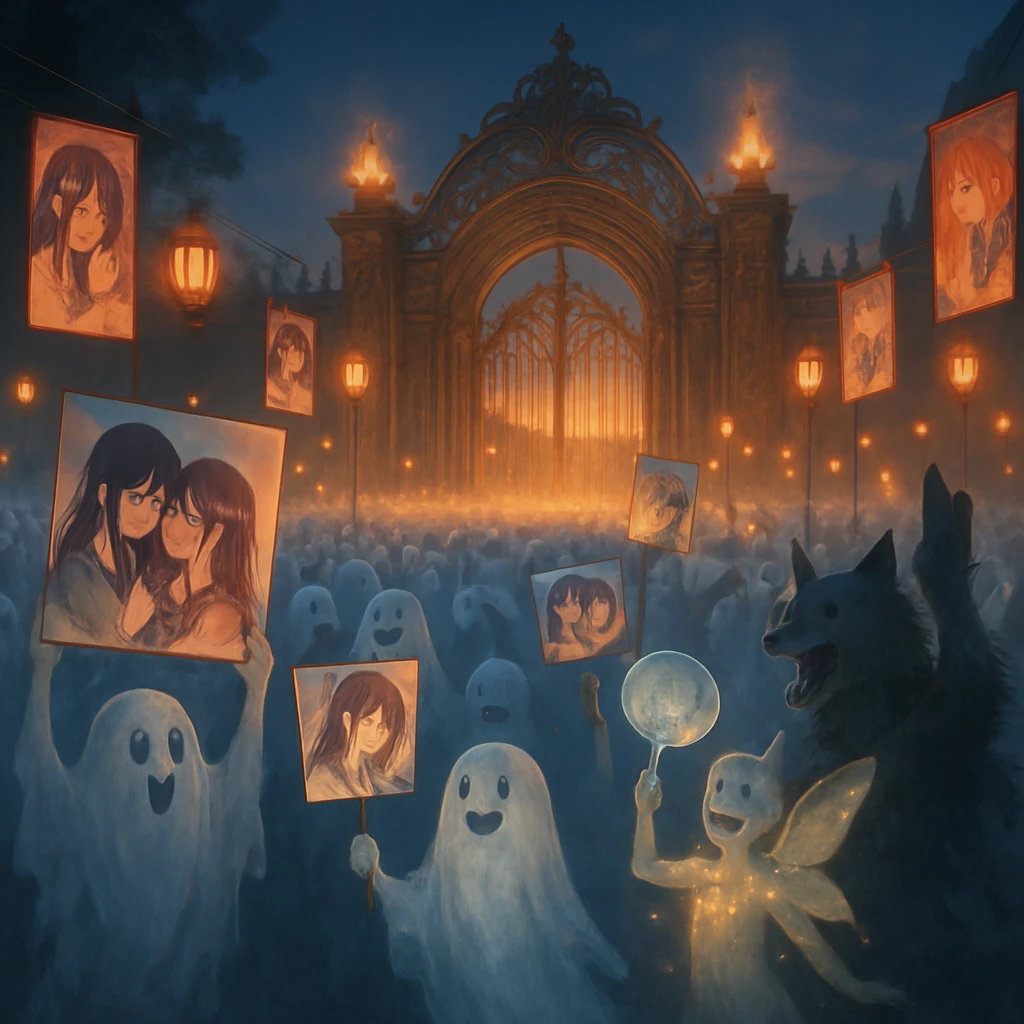 審判の門前広場に、幽霊や妖精がコスプレ姿で大勢集まり、幻想的な雰囲気の中で賑やかに盛り上がっている様子。