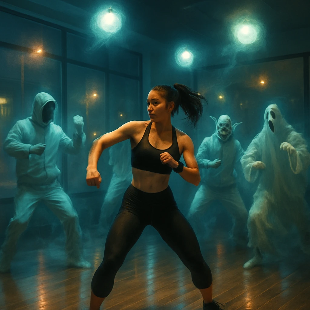 幽霊や妖怪たちが浮遊しながらダンスレッスンに励むフィットネススタジオの様子。