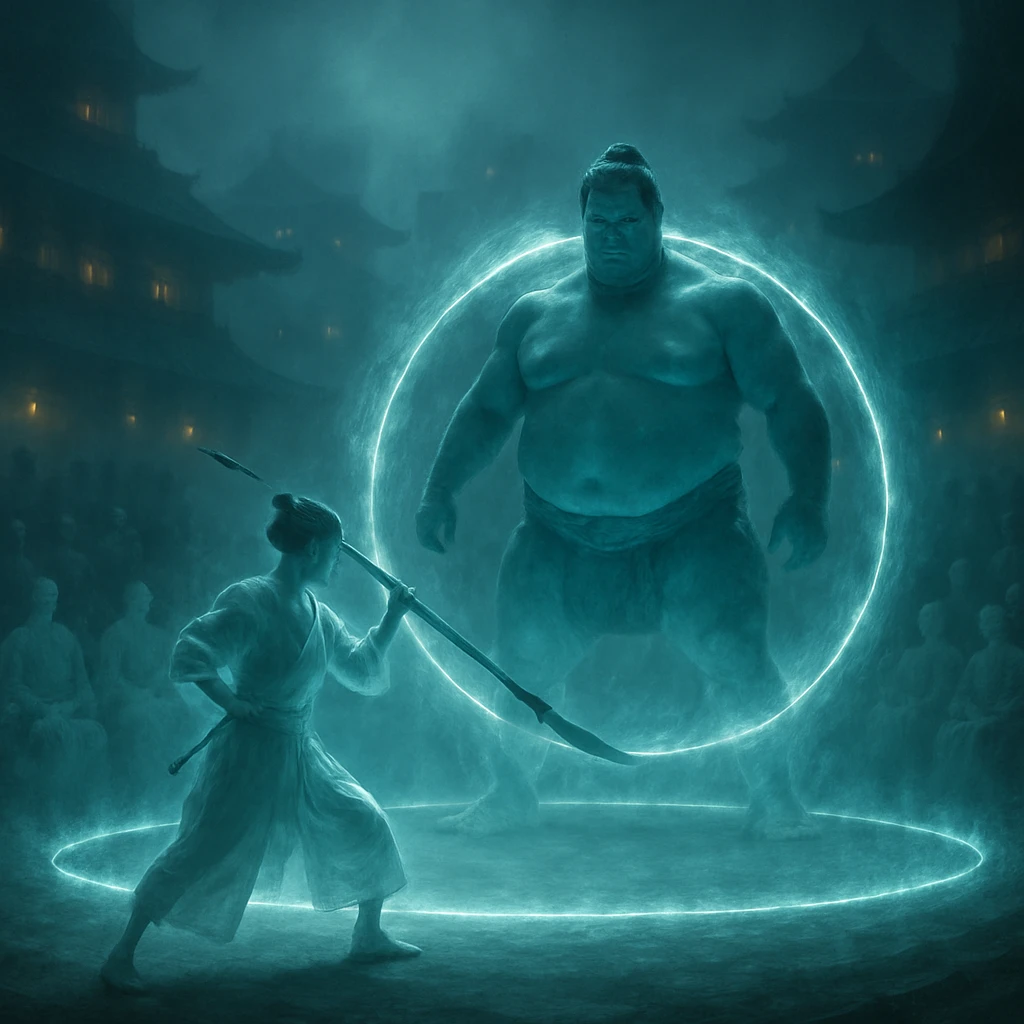 深い霧に包まれた古都の武道会場で、半透明の女性剣客がなぎなたを構え、巨大な幽霊の力士と向き合う場面。