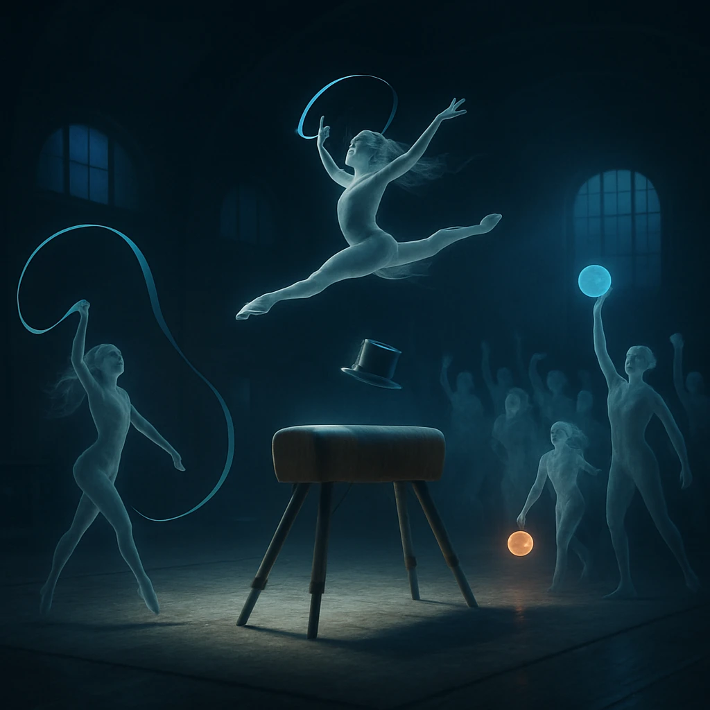 月明かりが差し込む体操ホールで、半透明の幽霊たちが新体操を披露し、シルクハットの上で宙返りをする少女と応援する幽霊たちが写っている。