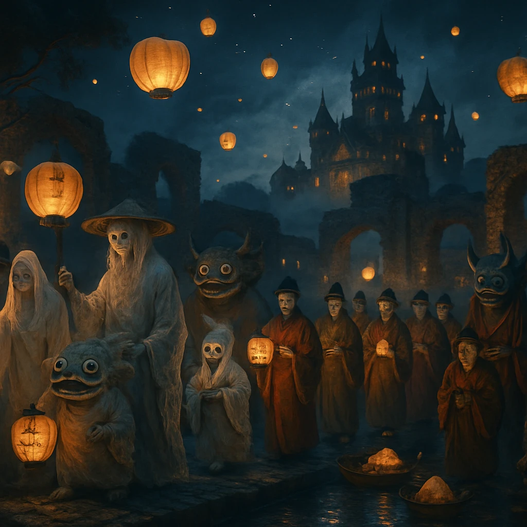 異界の城下町で開催された幻想的なお祭りで、幽霊や妖怪、人間が集い、提灯や和菓子の小舟が漂う堀の周りを歩く様子。