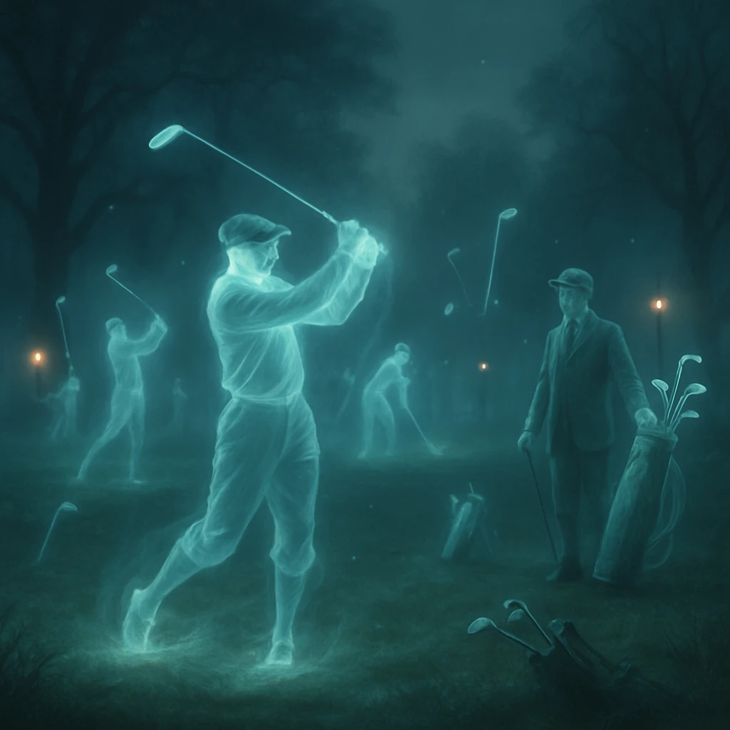 薄明かりの中、霧の立ちこめたゴルフ場で半透明の幽霊たちが発光するクラブを振っている写真。