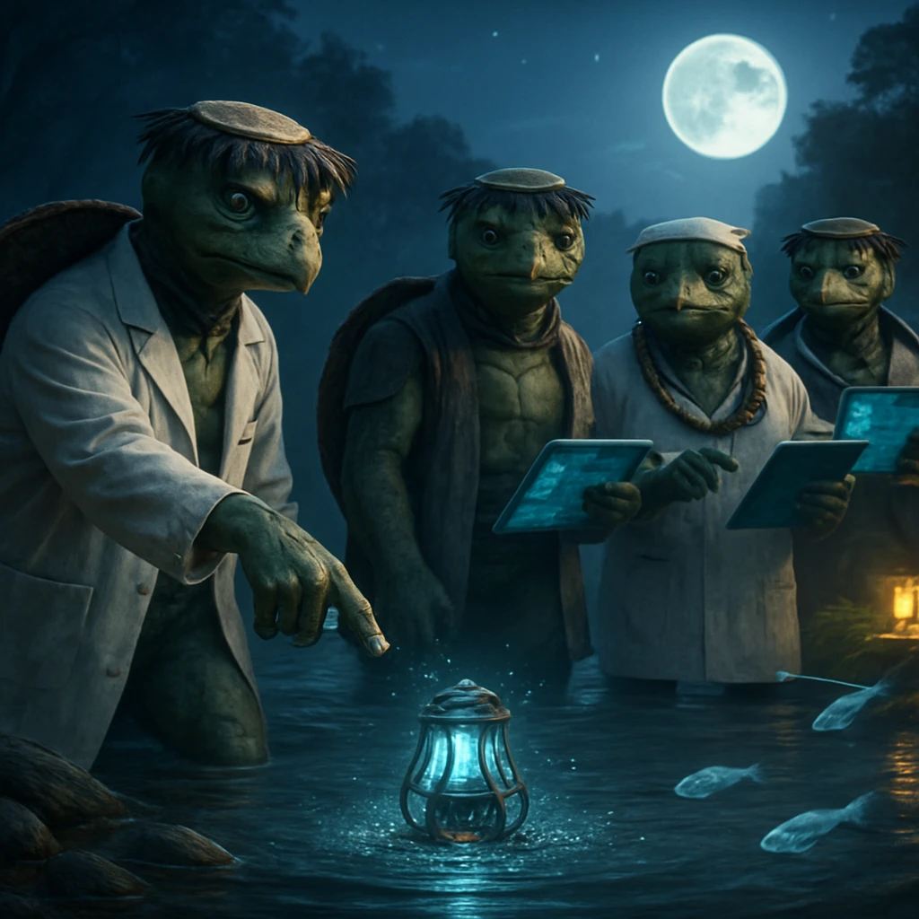 研究用白衣を着た複数の河童が夜の川辺で発光する小型装置を囲んでいるリアルな写真風の場面。
