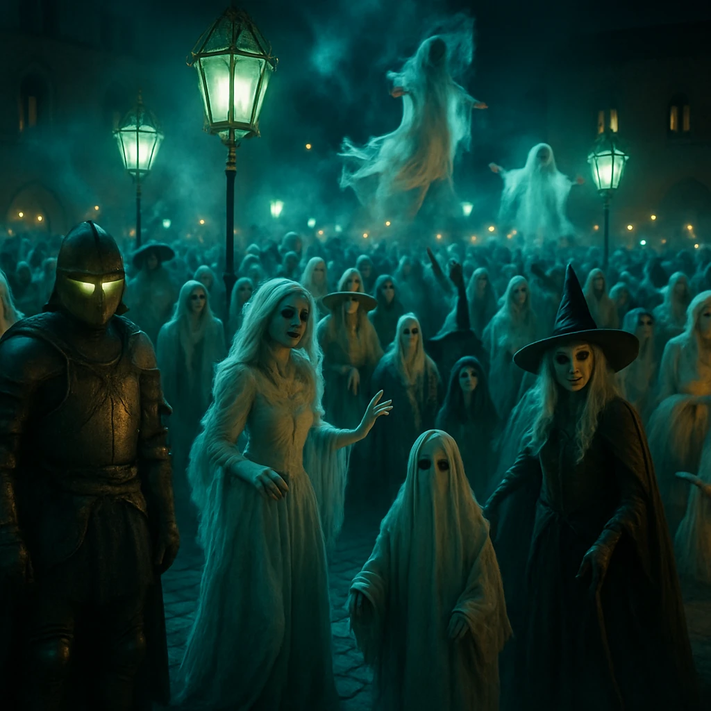 冥界の広場で、幽霊や妖怪たちが豪華なコスプレ姿で集まり、霧と提灯の灯りに包まれている写真。