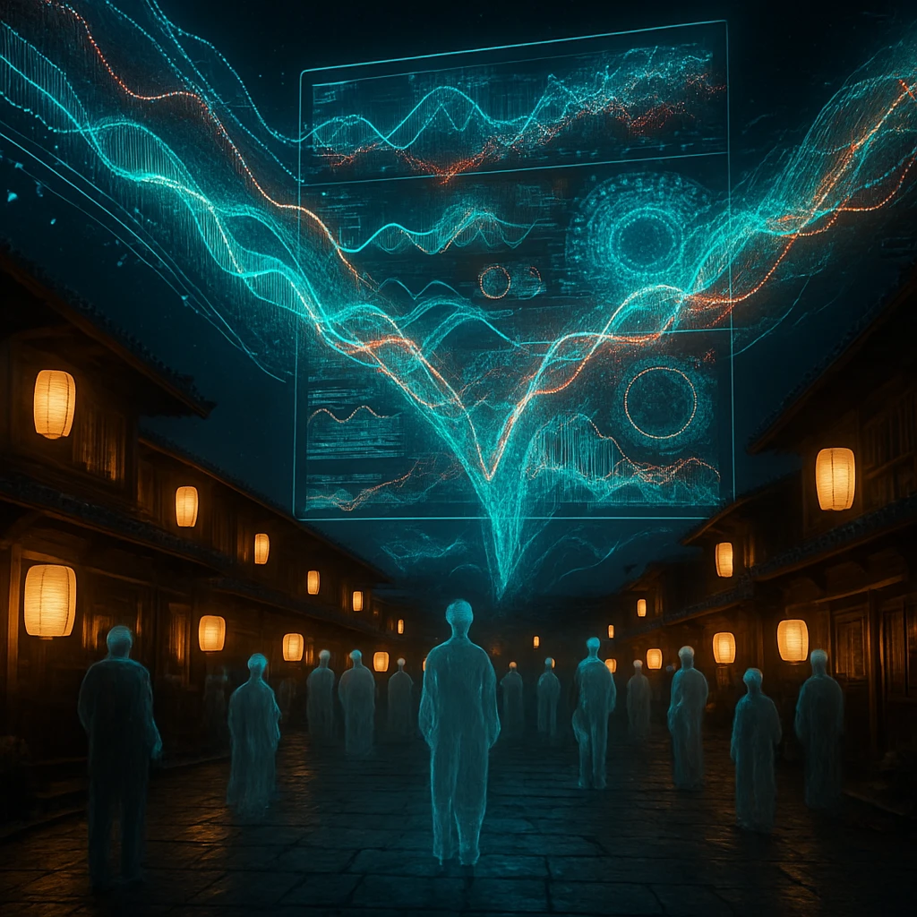 提灯が並ぶ夜の広場で、空中に幻灯のようなカラフルなデータが投影され、霊的な住人たちが見上げている様子。