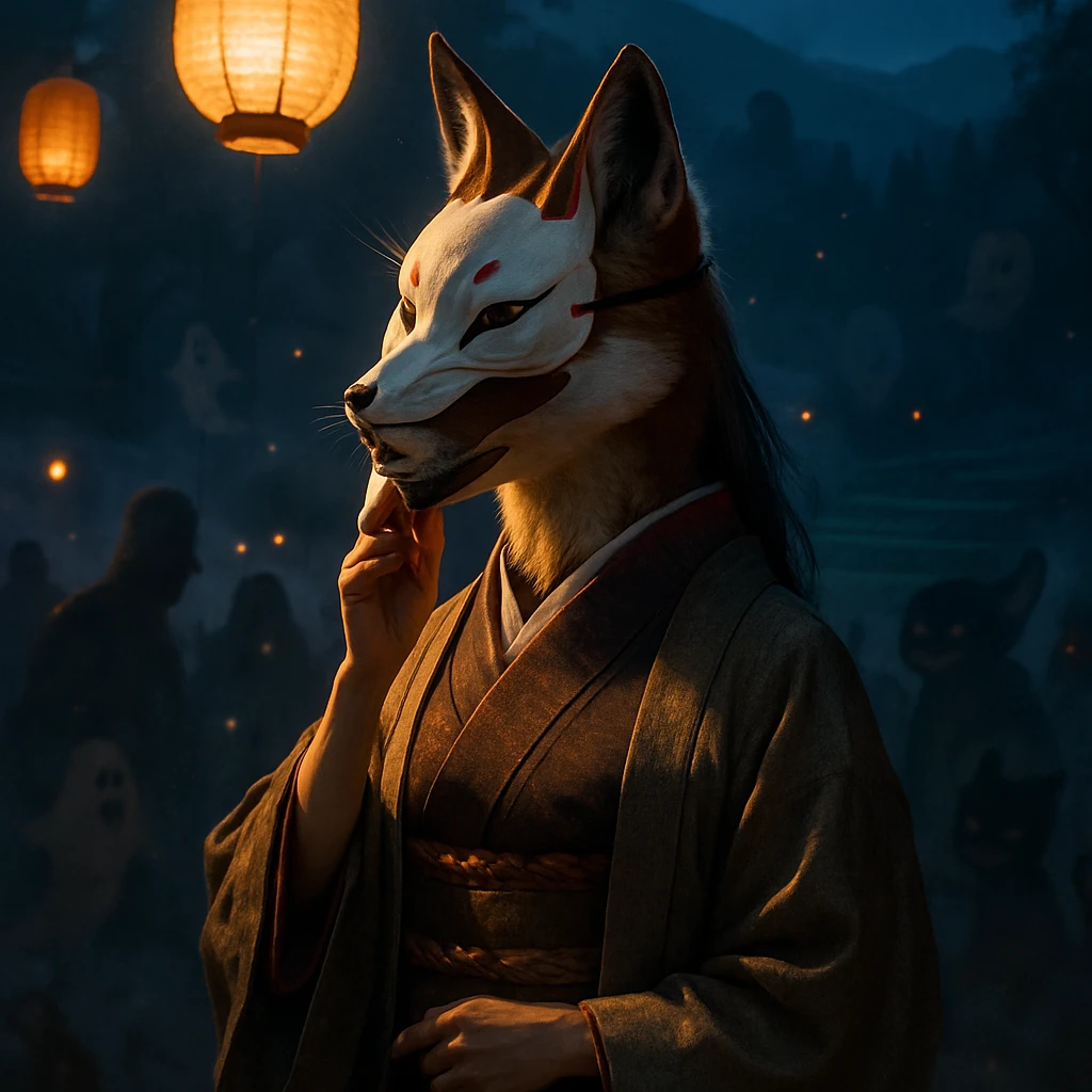 夜の里山で狐火祭りの狐面を持つ妖怪と幽霊たちが、灯籠の光に包まれ集う様子。