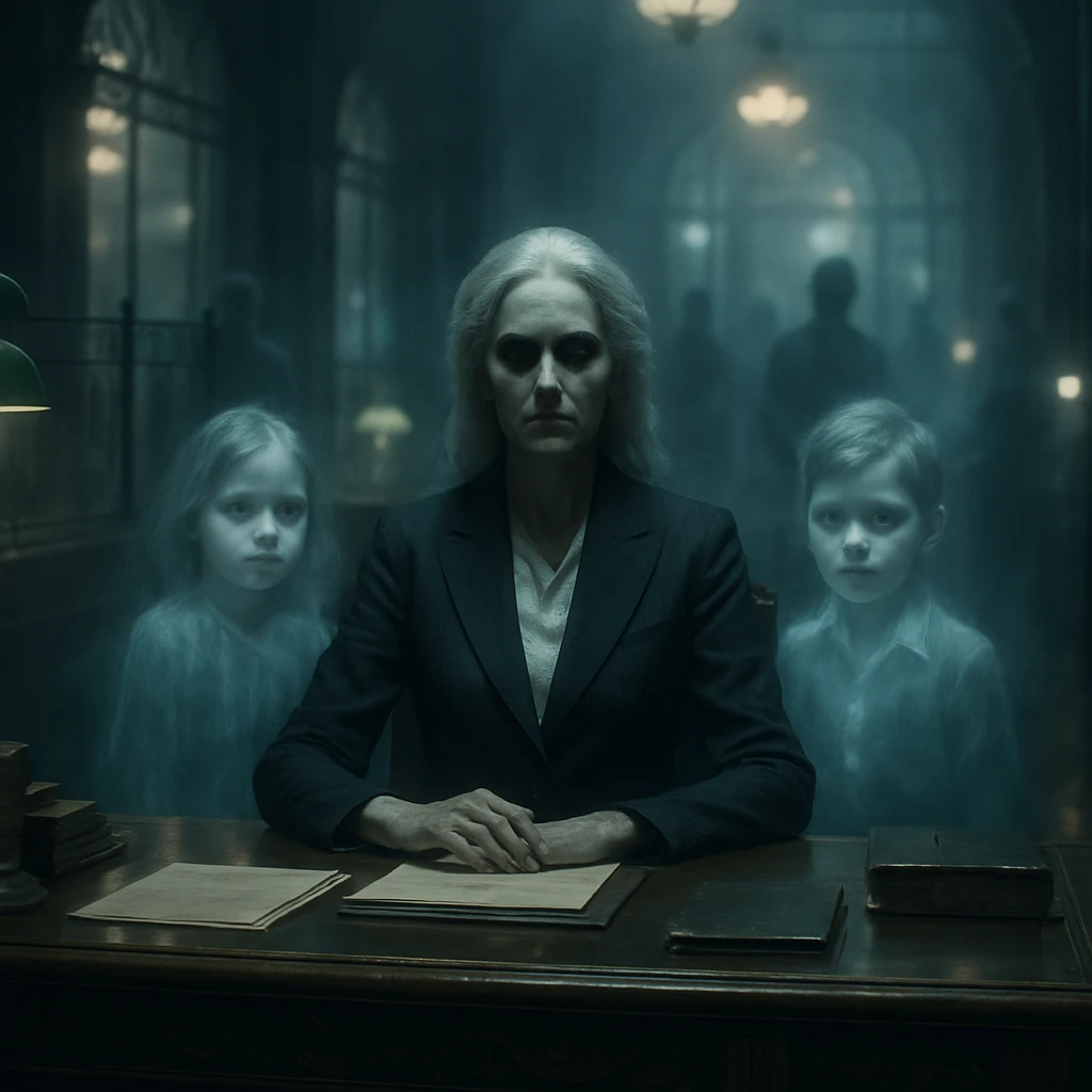 薄暗い銀行の重厚なデスクで、スーツ姿の女性幽霊と二人の子霊が並んでいる写真風イメージ。