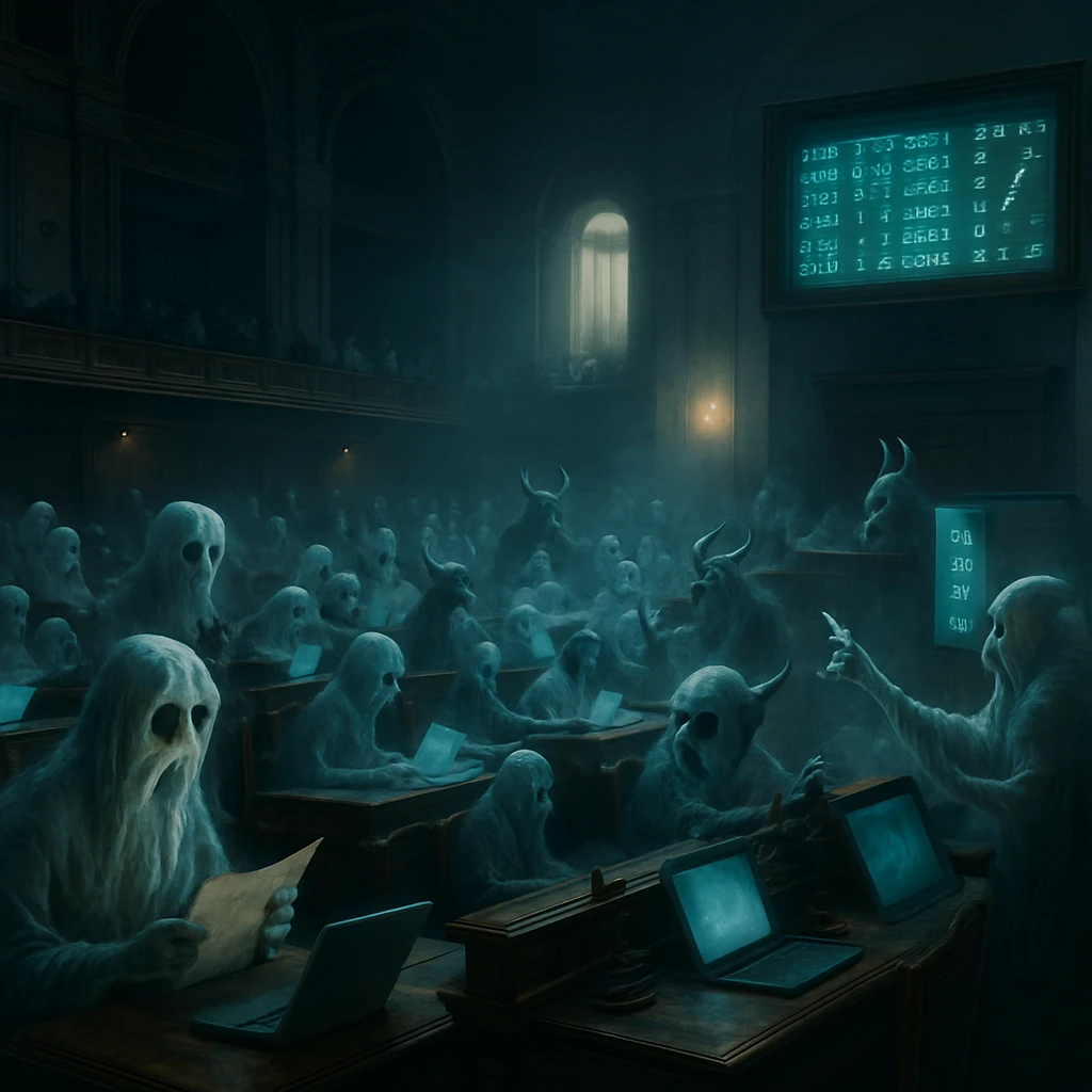 霧の立ちこめる議事堂で、亡者や妖怪、精霊たちが議論に参加している写真風の一場面。