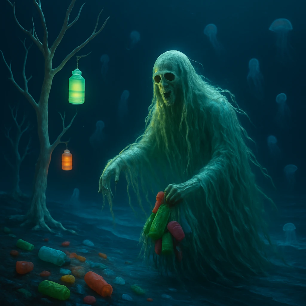 幽霊のような海藻が光る深海の浜辺でカラフルなプラスチックごみを集め、骨の木々や再生ランタンが並ぶ幻想的な海底の様子。