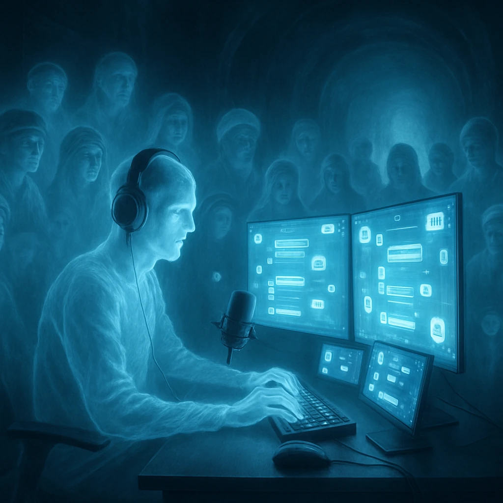 幽霊たちがモニター前に集まり、光るトンネルの奥で配信を監督している深夜のスタジオ風景。