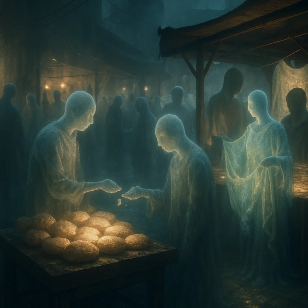 霧がかった幽霊市場で半透明の幽霊たちが賑やかに買い物する様子の写真。