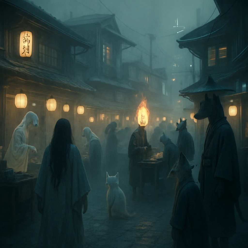 霧の漂う早朝の町で幽霊や妖怪、猫の精霊たちが賑やかに交流する幻想的な朝市の様子。