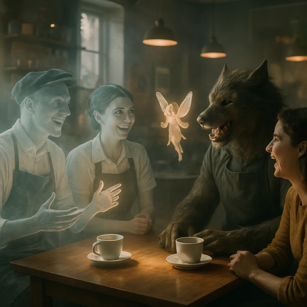 霊界風のカフェで幽霊や妖精、ワーウルフなど多様な存在がテーブルを囲み交流している様子。