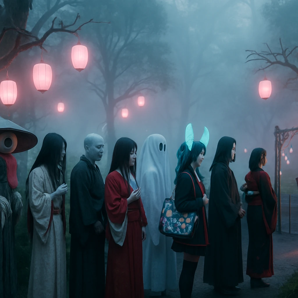 薄紅色の霊光が差し込む幻想的な庭園で、多様なコスプレ姿の幽霊や精霊たちが長い列を作っている様子。