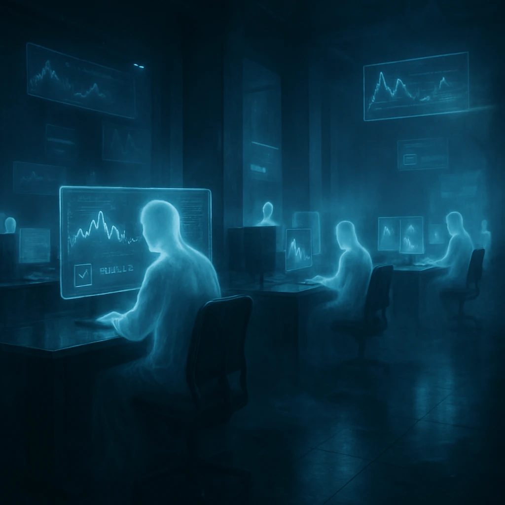 閻魔庁のゴーストアナリストたちが青白い光に包まれた異世界の制御室で透明なモニターを見つめている様子。