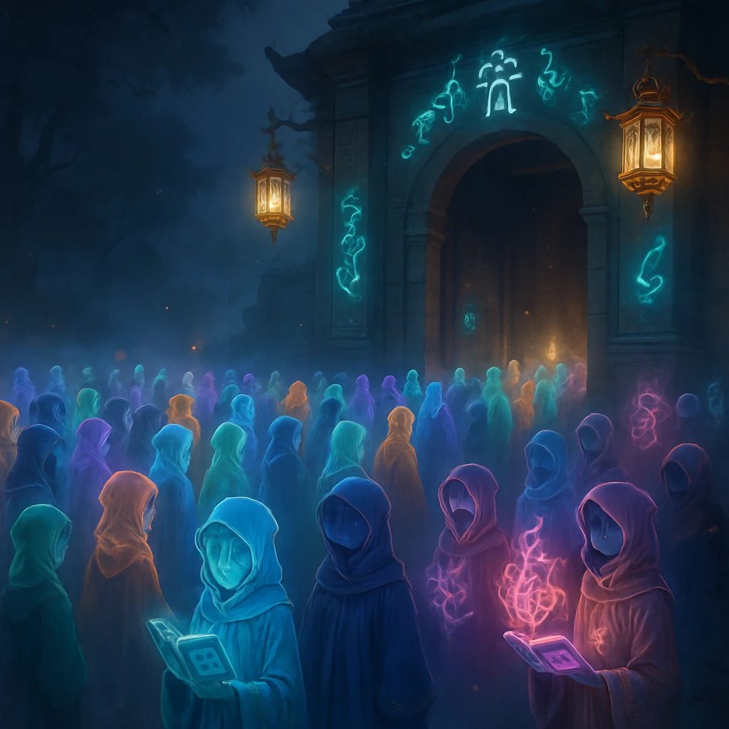 夜霧の中、カラフルな巡礼服の半透明なアニメ霊たちが幻想的な寺院の前で列をなして待つ様子。