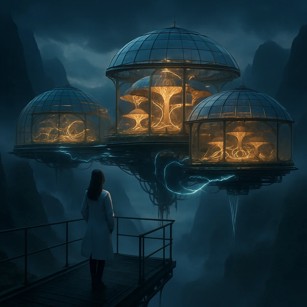 浮遊する先進的な温室群が霧のかかった天空山脈に浮かび、ラボコート姿の女性技術者が観察デッキからそれらを見守っている様子。