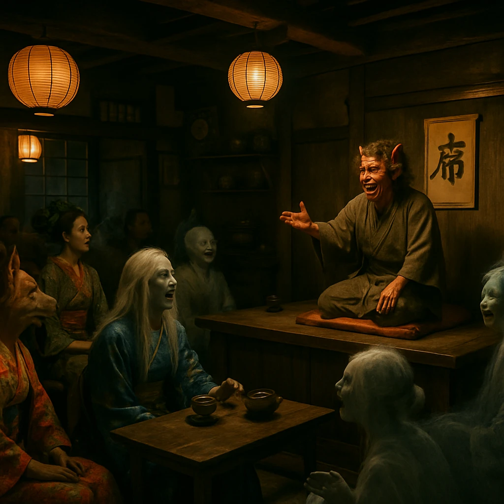 伝統的な和風カフェのステージで、妖怪と幽霊が観客として集い落語を楽しんでいる様子の写真。