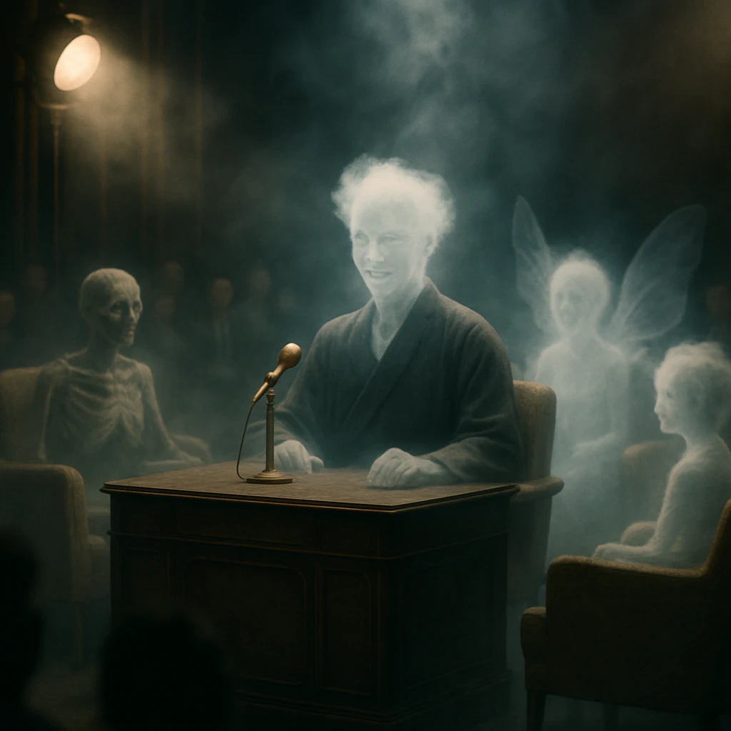 雲のような姿の司会者と妖怪や霊的ゲストが薄い霧に包まれたトーク番組セットで語り合う様子。