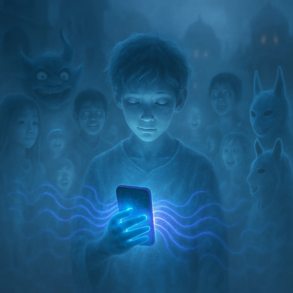 霧の漂う冥界の広場で、発光するスマートフォンを持つ若い幽霊と様々な妖怪たちが共感波に包まれて集まっている様子。