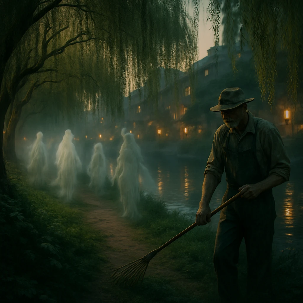 川沿いの緑豊かな小道を、半透明の幽霊や妖怪たちが穏やかに歩き、柳の木の下で幽霊庭師が手入れをしている光景。