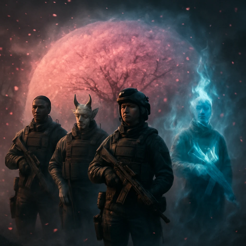 桜の結界を背に、多様な種族の隊員たちが最先端装備を身にまとって並んでいる様子。