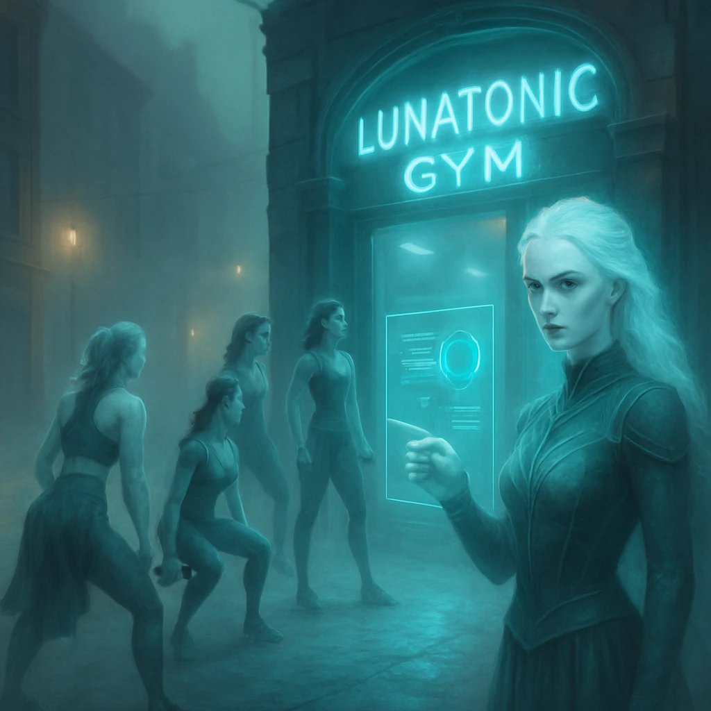 霧の立ち込める通りで、最新型の運動着を着た女性たちと白髪の死神インストラクターがジムの光る入口の前でトレーニングしている様子。