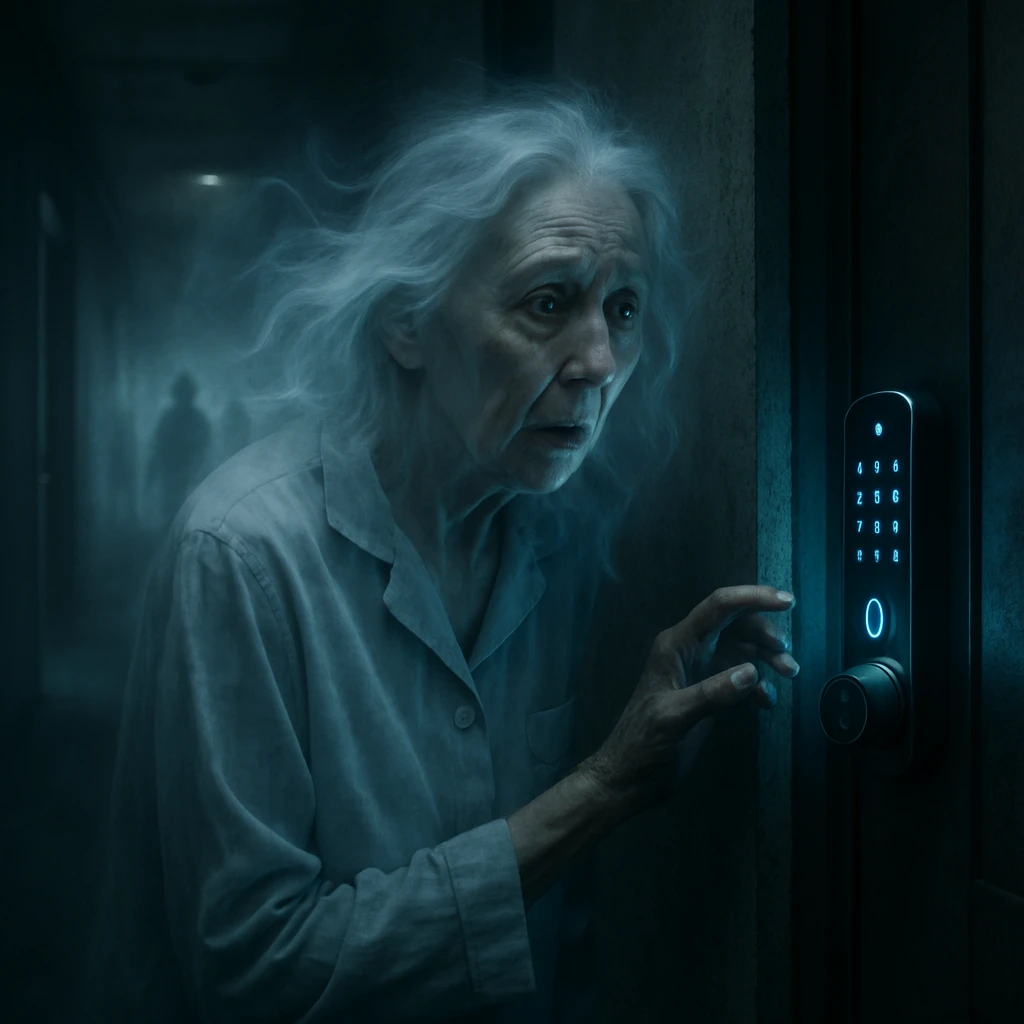 高齢の女性が夜のマンション廊下で不安げに青く光るスマートロックを見つめ、背後にうっすら霊の影が浮かぶ様子。