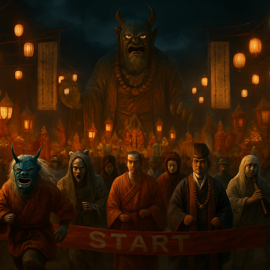 巨大な妖怪主神像の前で、精霊ランナーや僧侶、幽霊バンドらが集合し、異色の祭りの開幕を待つ光景。