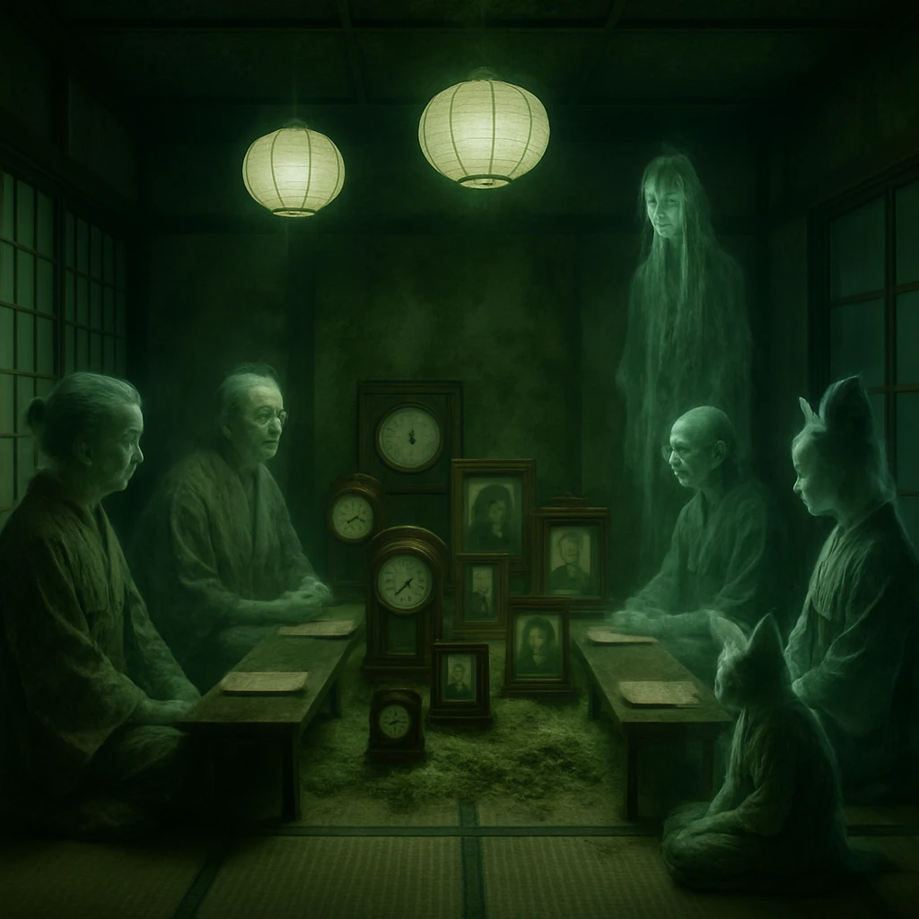 薄明の杜団地の和室で、幽霊や妖怪たちが座布団に集い円卓を囲んで会議している様子。