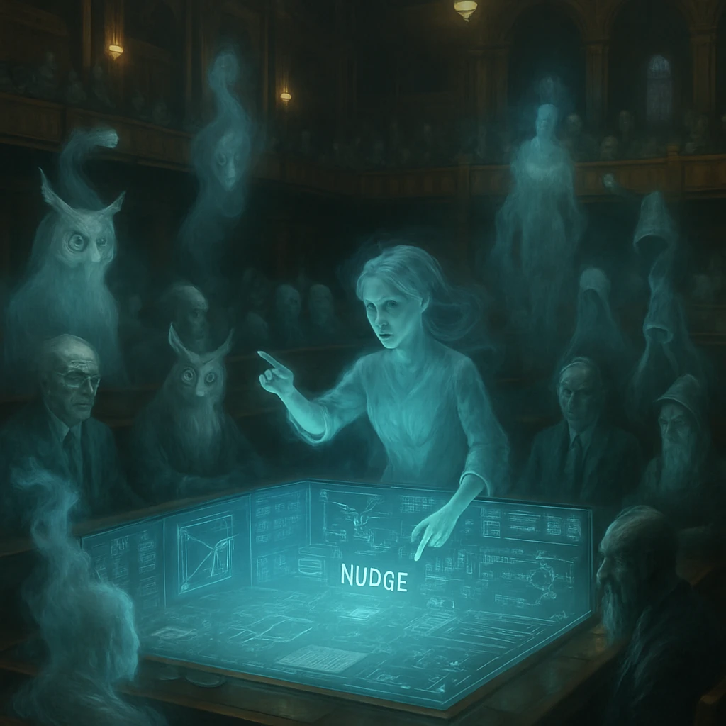 幽界の議事堂でデジタルな会議テーブルを囲む多様な霊や妖怪の議員たちのリアルな写真風イメージ。