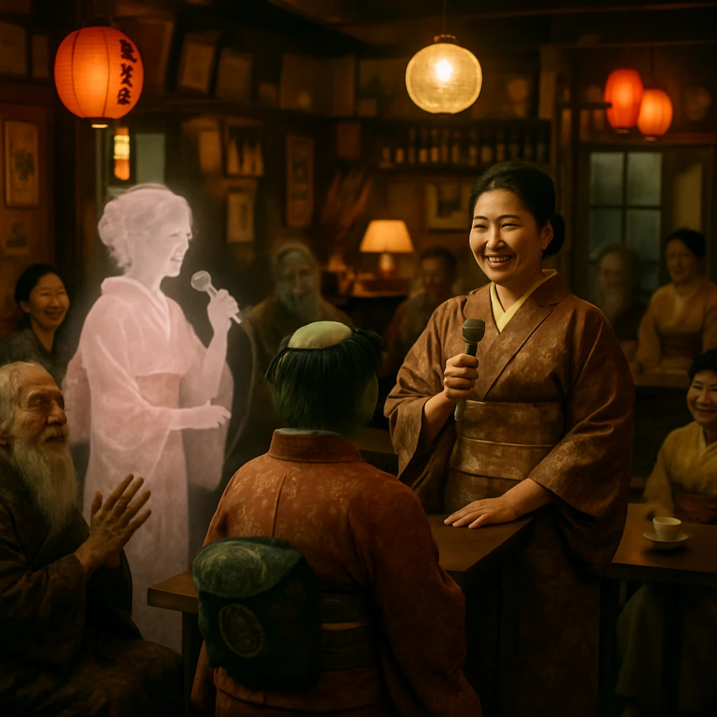 昭和レトロな着物を着た幽霊や妖怪たちが賑やかに集う、下町風の着物喫茶店内の様子。