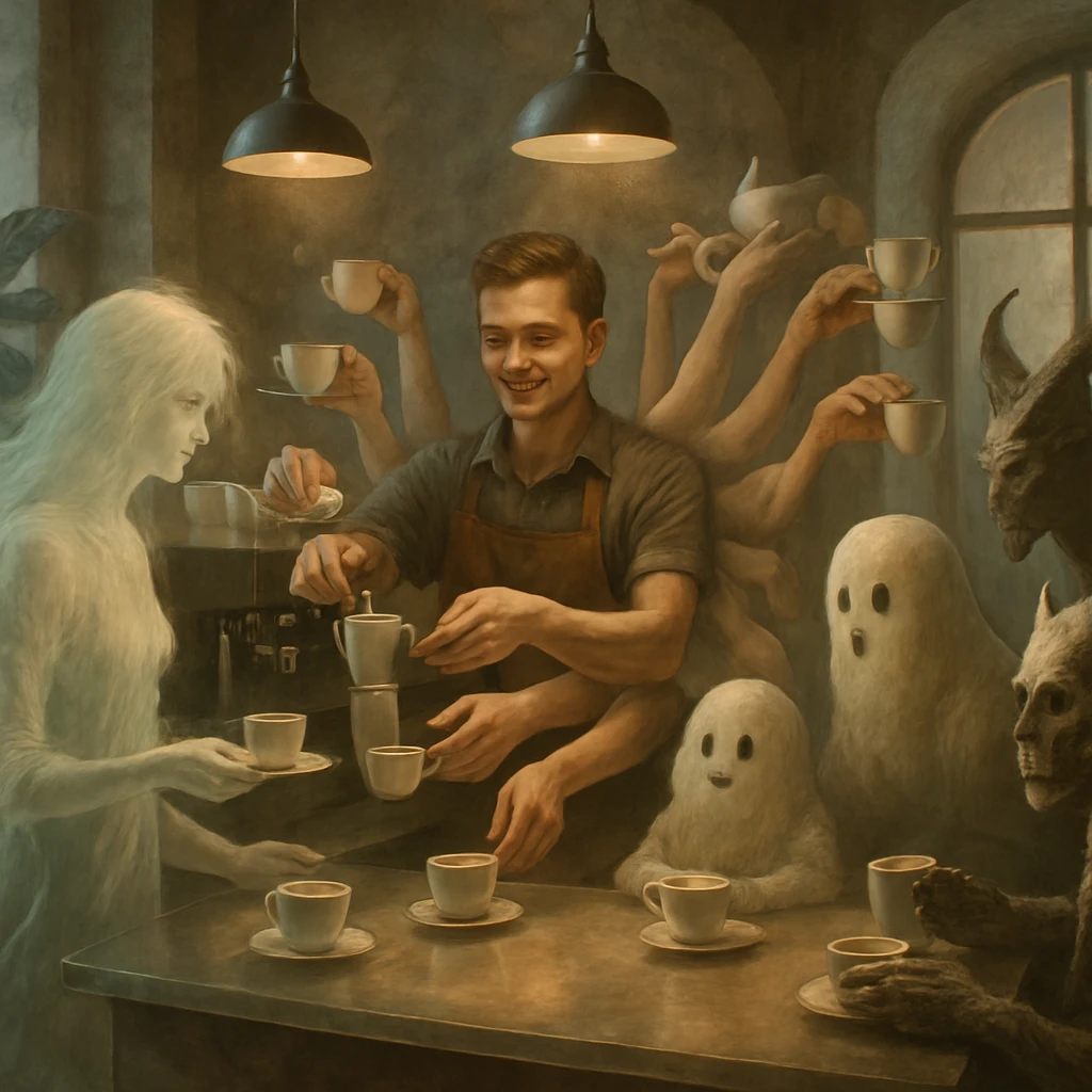 百本の腕を持つバリスタが、透過式カウンター越しに幽霊や妖怪の客へコーヒーを手際よく提供しているカフェ店内の様子。