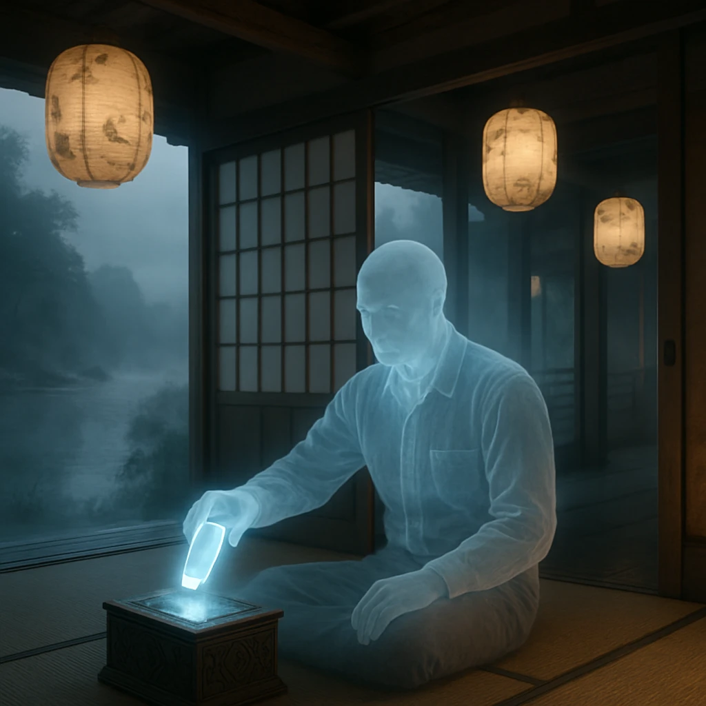 川沿いの幻想的な旅館の玄関で、現代的な服装をした半透明の幽霊がスマート端末を霊波遮断箱へ預けている様子。