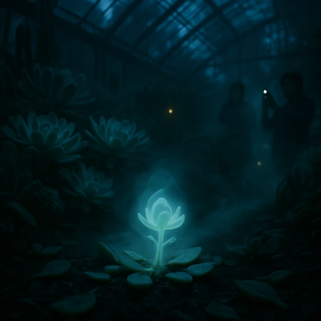 青白い光に照らされた温室内で、半透明で幽霊状の多肉植物の苗が発光しながら浮かぶ様子。
