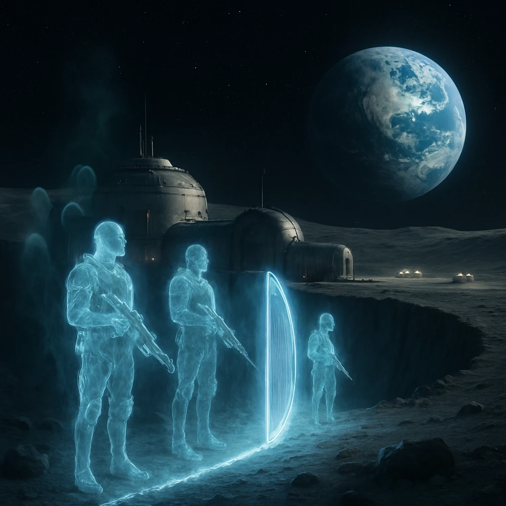 月面の境界基地を半透明な幽霊自衛隊員たちが警戒しながら守っている様子のリアルな写真風画像。