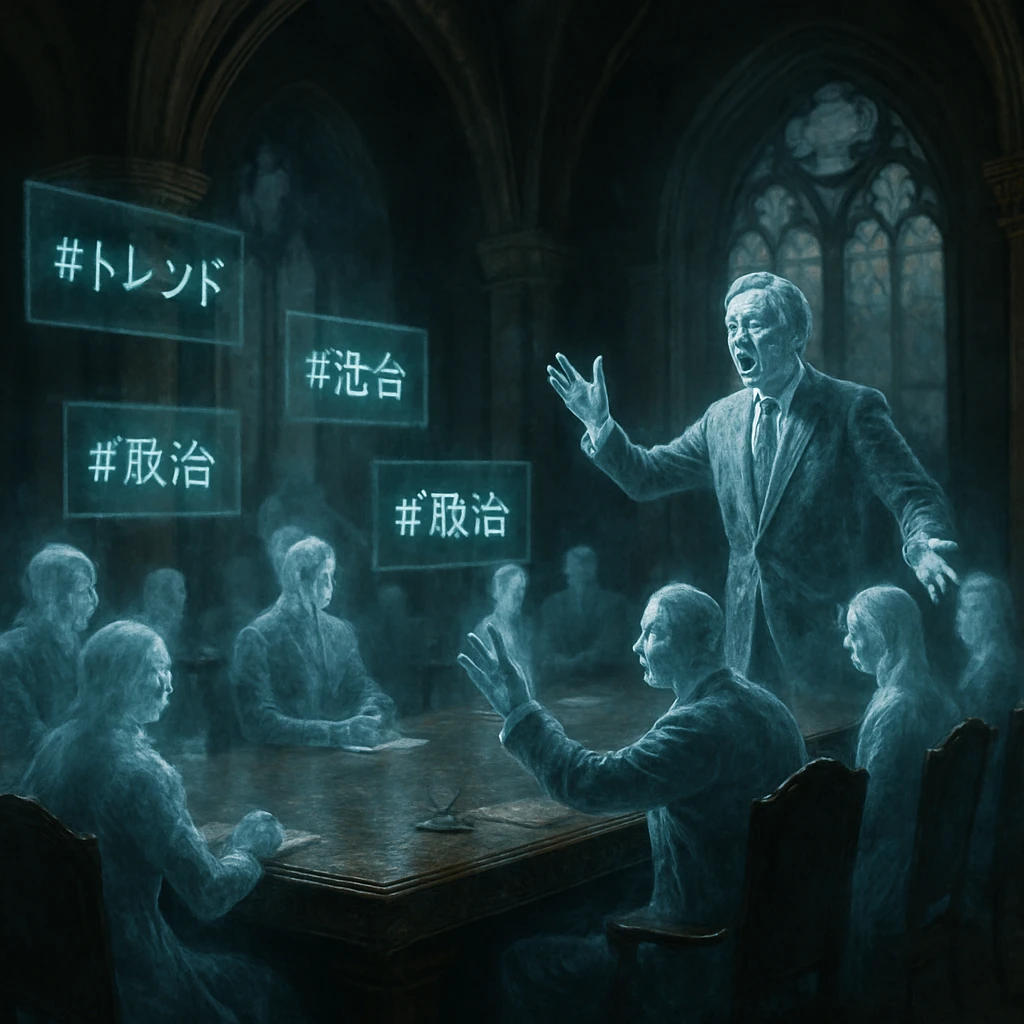 幽界評議会で幽霊議員たちがSNSのハッシュタグが浮かぶホログラム画面を前に討論している様子。