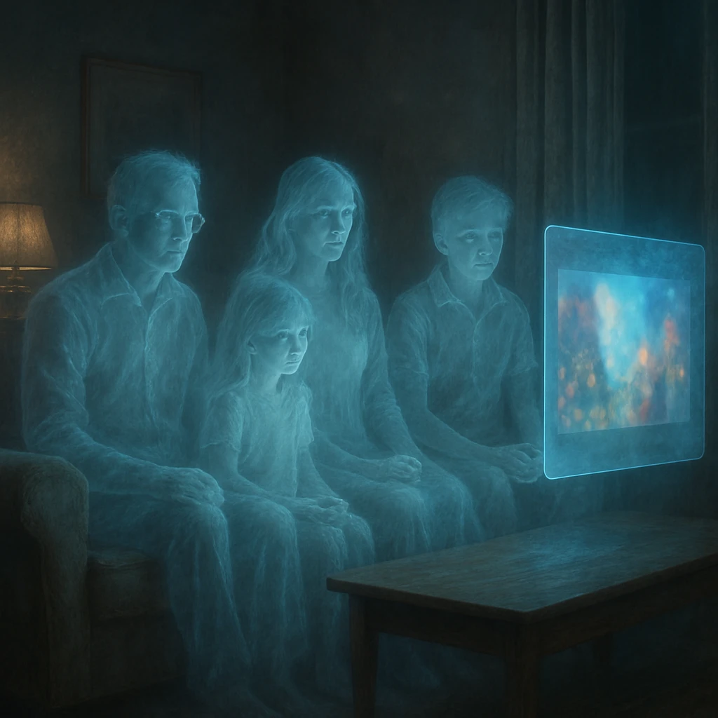幽霊の家族が淡く光るリビングでホログラム画面の動画を一緒に視聴している様子のリアルな写真風画像。