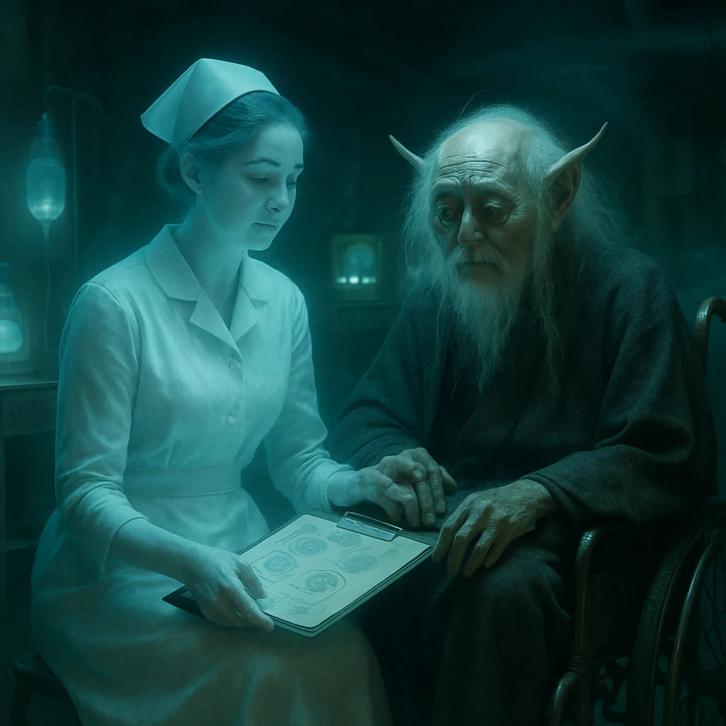 薄暗い地下病院で、白衣の幽霊看護師が車椅子の高齢妖怪とともに腸内環境の資料を見ながら優しく語り合う様子。