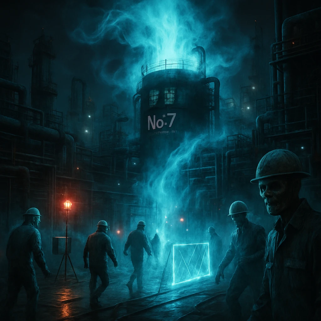 夜の巨大な幽界化学工場で、破損した第七バイオリアクター棟から青白い霊素ガスが漏れ、幽霊の技師たちが緊迫した様子で修復作業を行う様子。