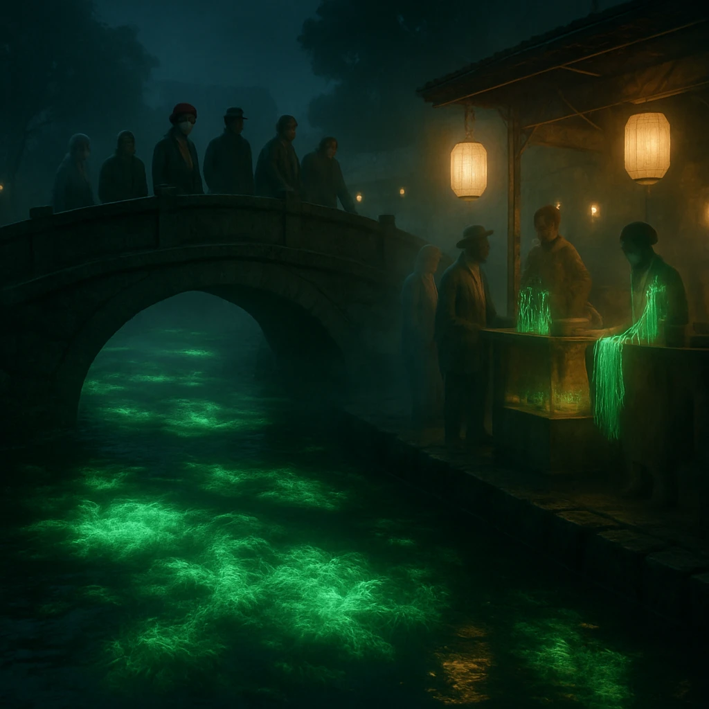 夜の黄泉川で緑色に光る幻想的な藻が川面を覆い、橋の上で幽霊の観光客たちが立ち止まる様子を写した写真。