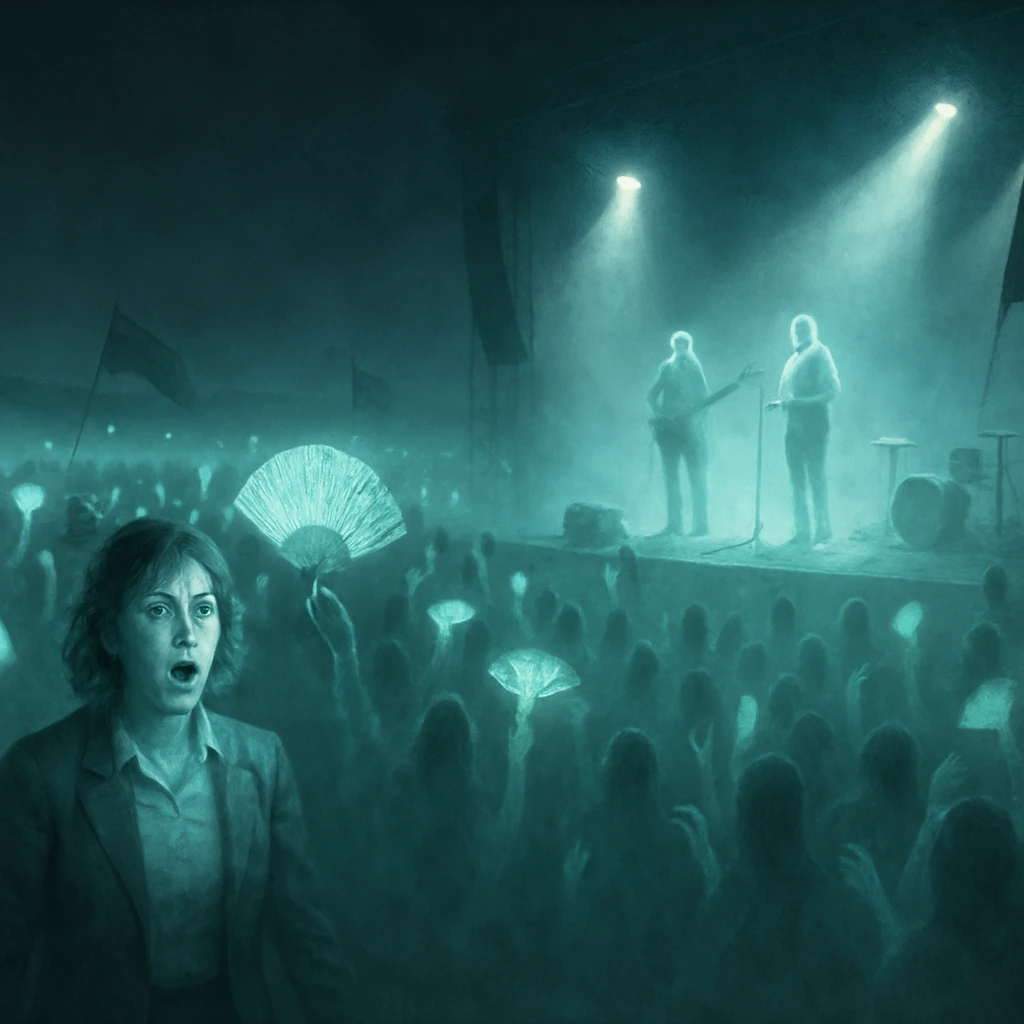 冥界の夜の巨大音楽フェス会場で、半分だけ残ったバンドと楽器、興奮と戸惑いが混じる幽霊観客たちが写る超現実的な一場面。