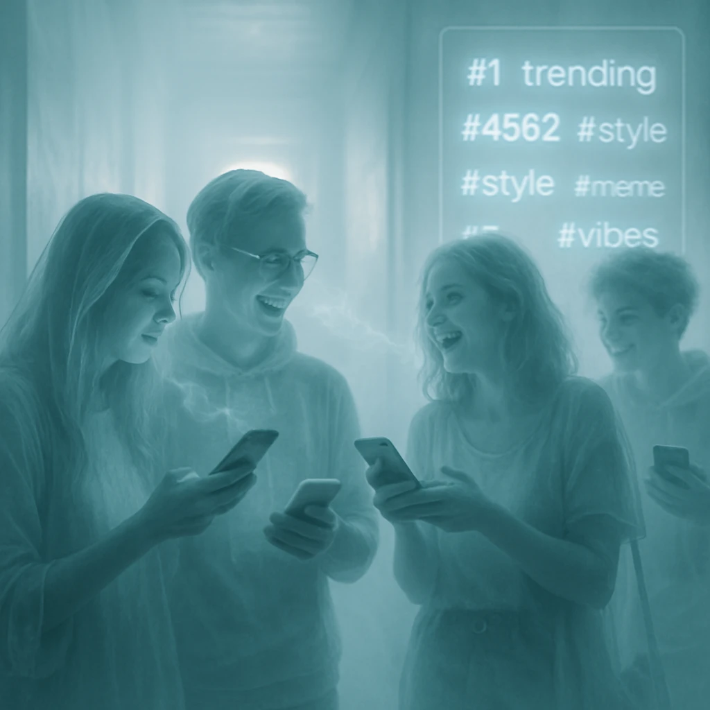 蒼白く光る通信回廊でスマートフォンを手にしたZ世代風の幽霊たちが集まり、背後にはデジタル風のハッシュタグが浮かんでいる様子。