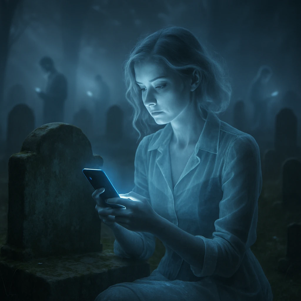 夜の墓地でスマートフォンを操作する半透明の若い女性幽霊が、青白い光に照らされている写真。