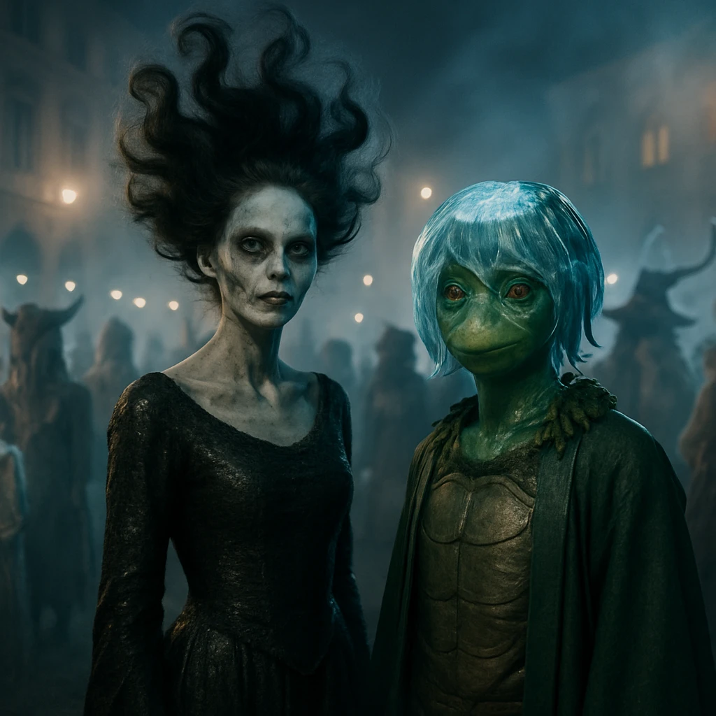 幽闇市の中央で、無重力カールのウィッグを着けた亡者と透明なウィッグの河童が、霧の中の群衆とともにリアルなコスプレを披露している一瞬を写した写真風画像。