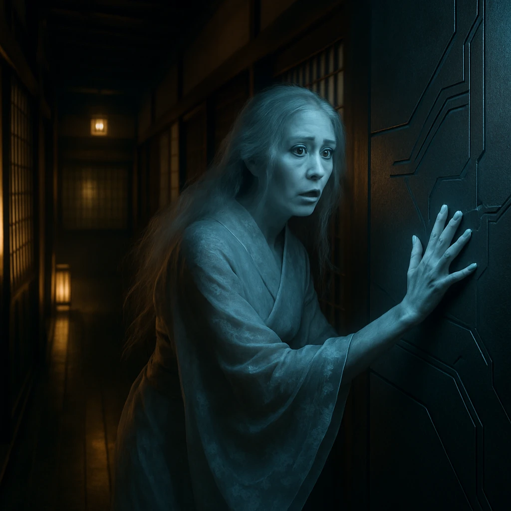 老舗旅館の廊下で、未来的な金属壁パネルに手を当てて驚いている着物姿の幽霊が写っている。