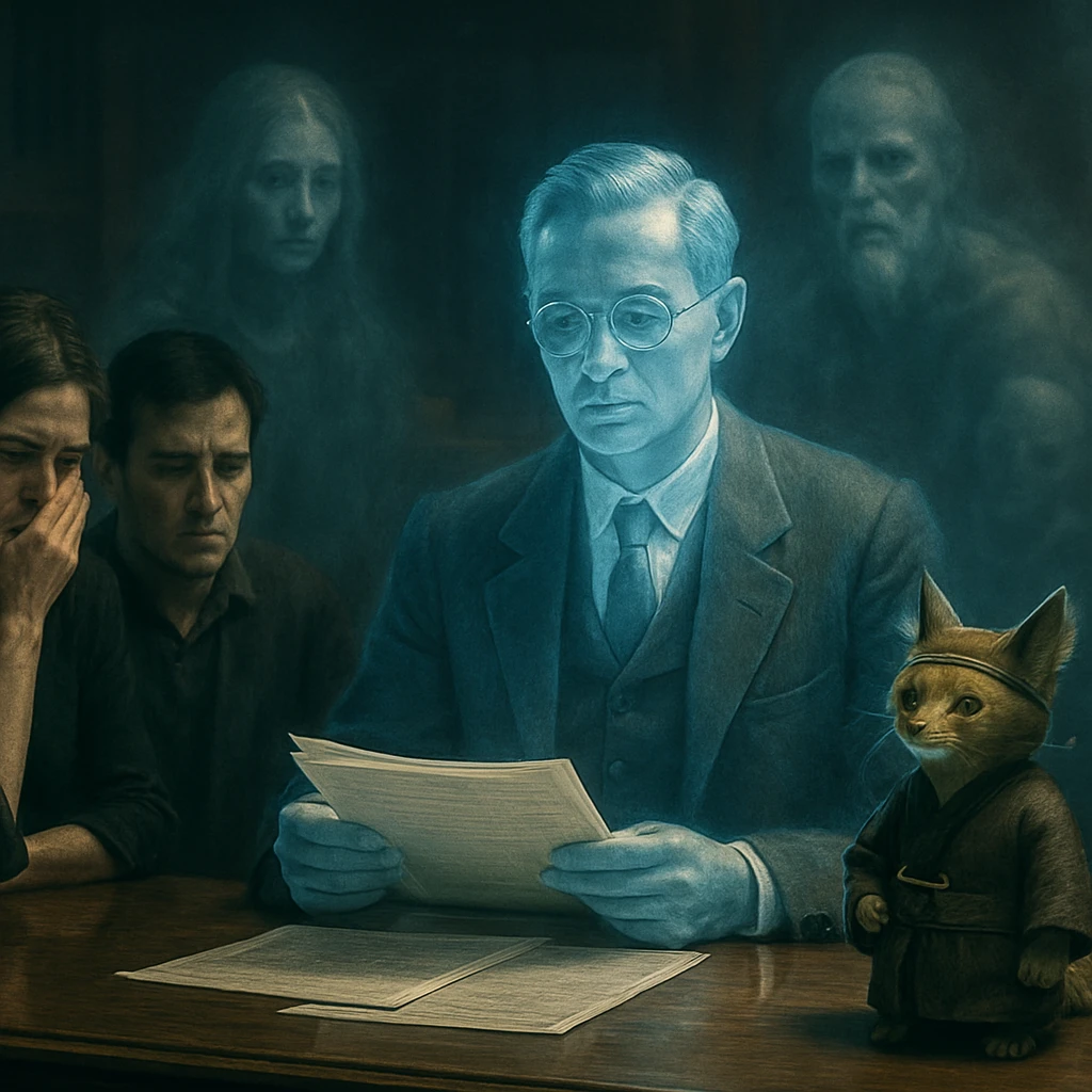 半透明の弁護士と妖怪が家族と霊と交渉する法廷の一場面。