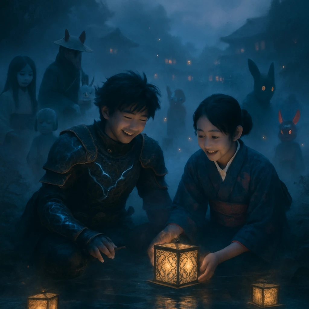 薄紫色の霧が漂う川辺で、和装の若い魂や妖怪たちが光る灯籠を流す幻想的な夜の祭り風景。
